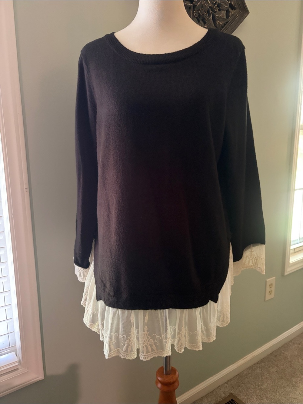 Divided Black Sweater with Cream Lace Trim